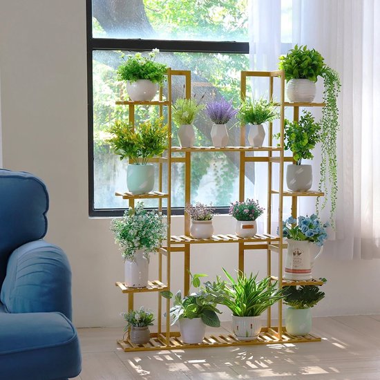 L.N. Store® Plantenrek - Wandplank Voor Planten - Bloempotten Houder - Ladder Kast - 9 laags - Binnen En Buiten - Bamboe - L.N. Store®