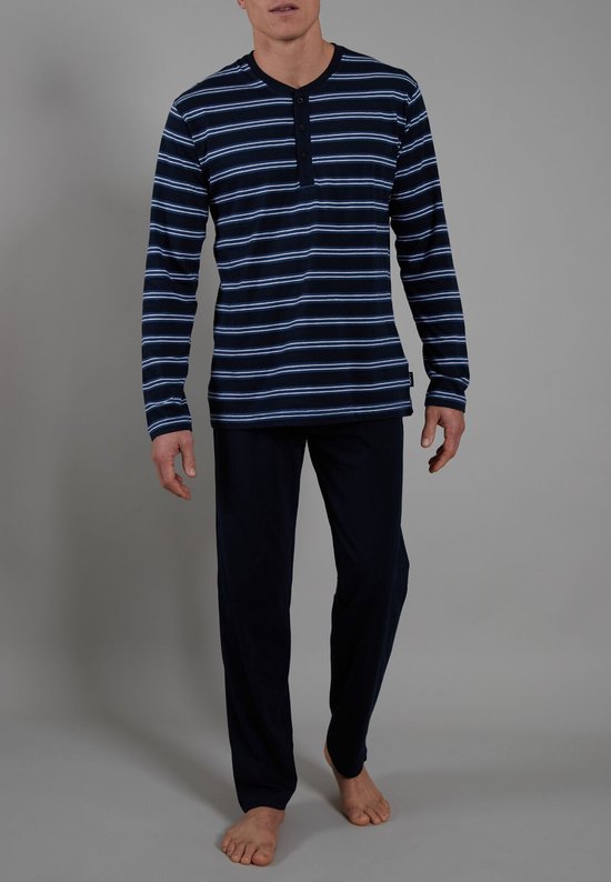 Marvmys Herenpyjamaset met lange mouwen, gestreepte pyjama met knopen en broek, elastische pyjama met zakken, loungewear van katoen, tweedelig, S-XXL, strepen zwart en grijs zwart, M
