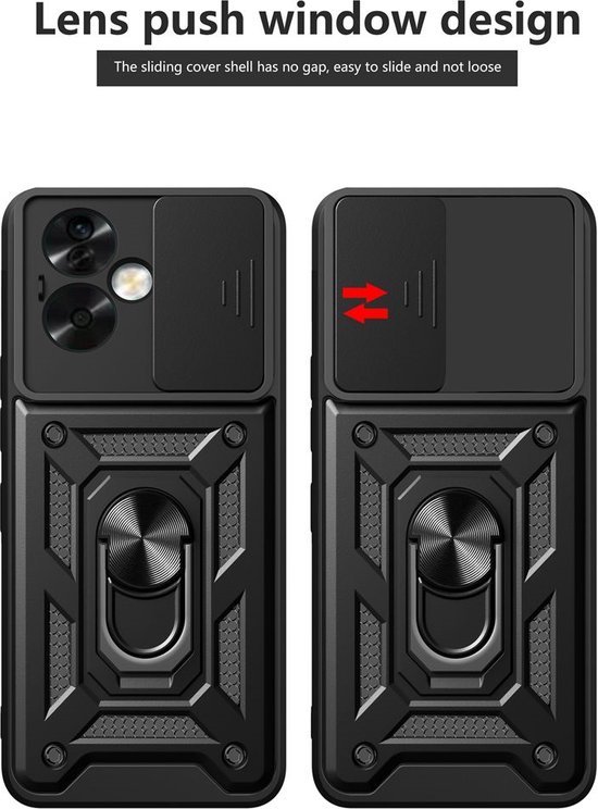 Zwarte telefoonhoes met lens schuifdeksel en ringhouder.