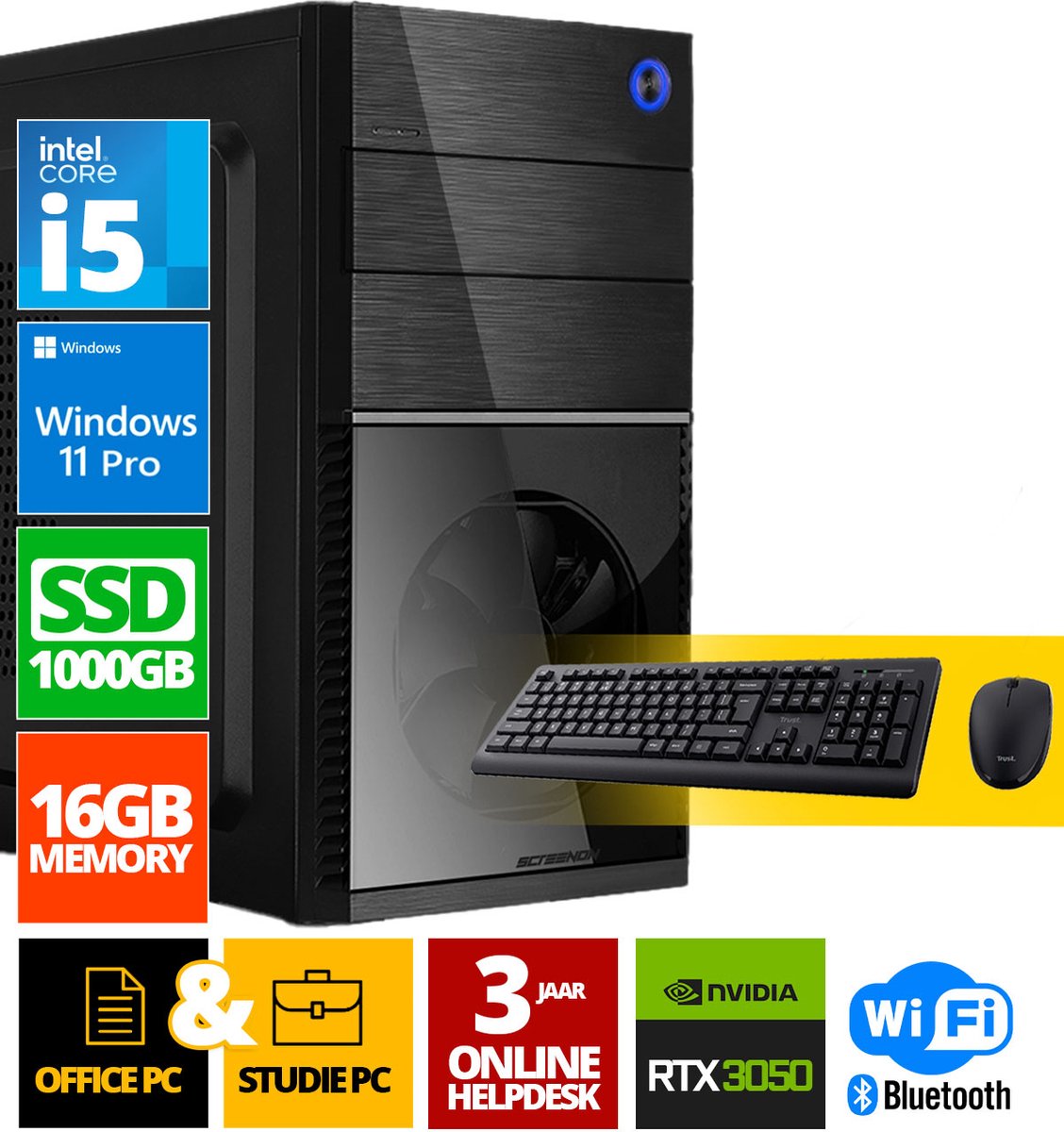 Intel Compleet PC + Muis & Toetsenbord | Intel Core i5 | 16 GB DDR4 | 1 TB SSD - NVMe | RTX 3050 | Windows 11 Pro + WiFi & Bluetooth