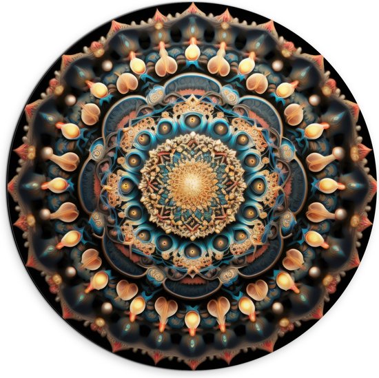 Dibond Muurcirkel - Mandala - Figuren - Vormpjes - Kleuren - 70x70 cm Foto op Aluminium Muurcirkel (met ophangsysteem)