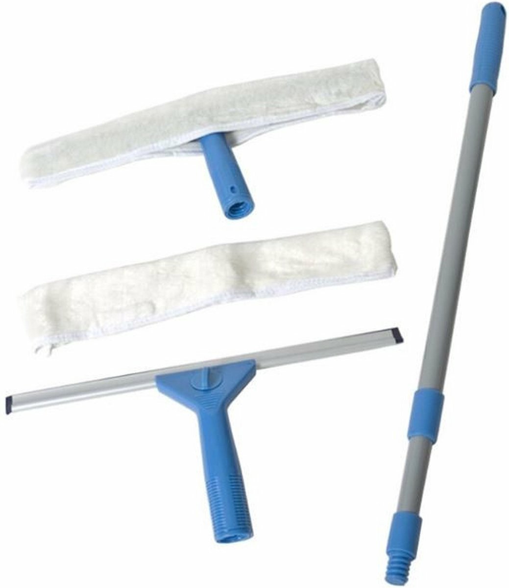 Goedkoopste Gerimport glazenwasser set - 4-delig - blauw/wit - 71-110 cm - raamtrekkers/doek/stok