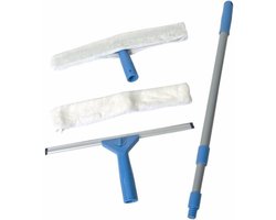 Gerimport glazenwasser set - 4-delig - blauw/wit - 71-110 cm - raamtrekkers/doek/stok