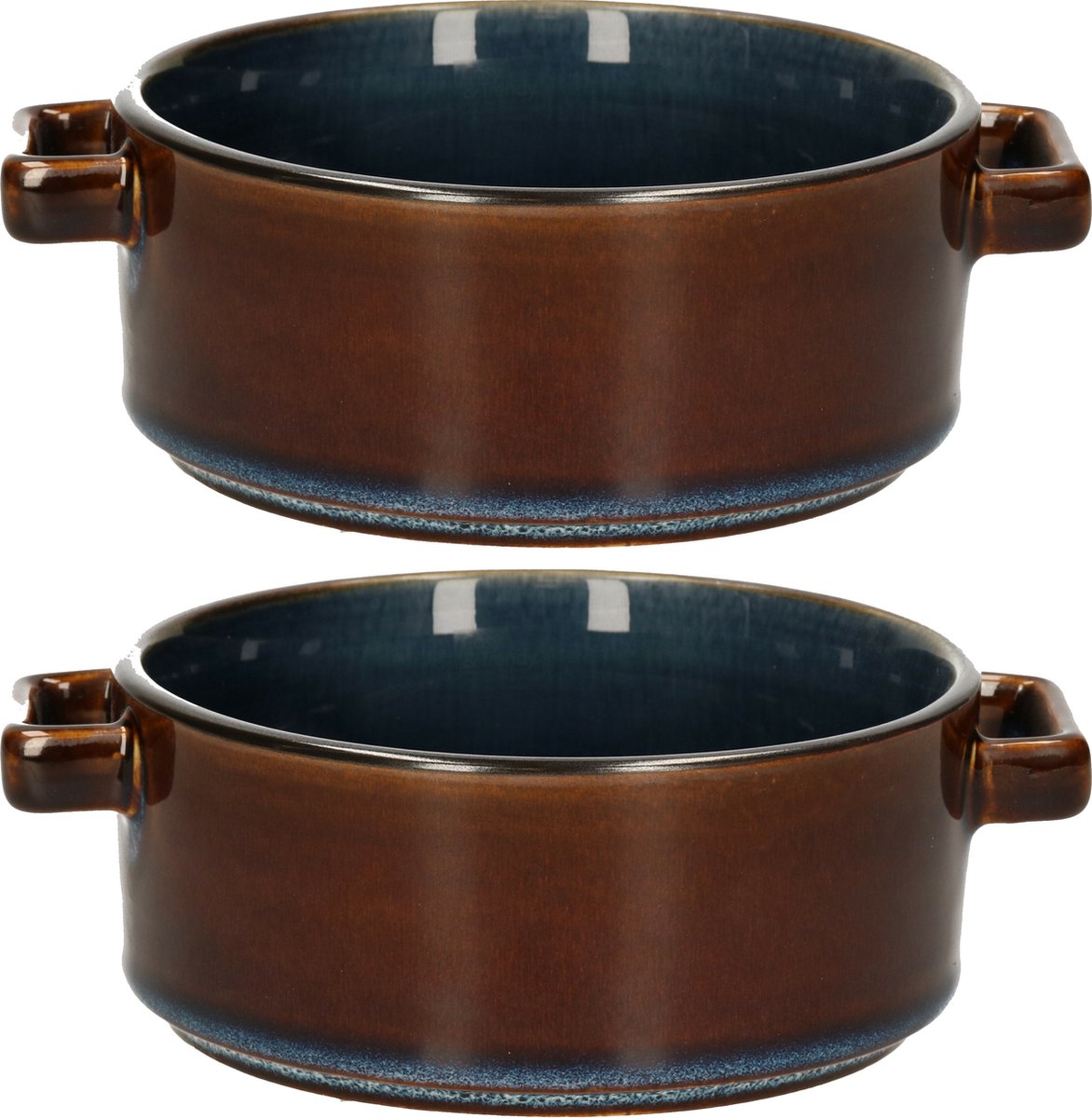 Cosy & Trendy Kommetjes/soepkommen voor dessert/ontbijt - 2x - Porselein - D13 x 5.5 cm - blauw/bruin - met oortjes - stapelbaar