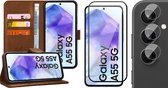 Hoesje geschikt voor Samsung Galaxy A55 - Screenprotector Volledig Dekkend Glas & Camera - Portemonnee Book Case Bruin