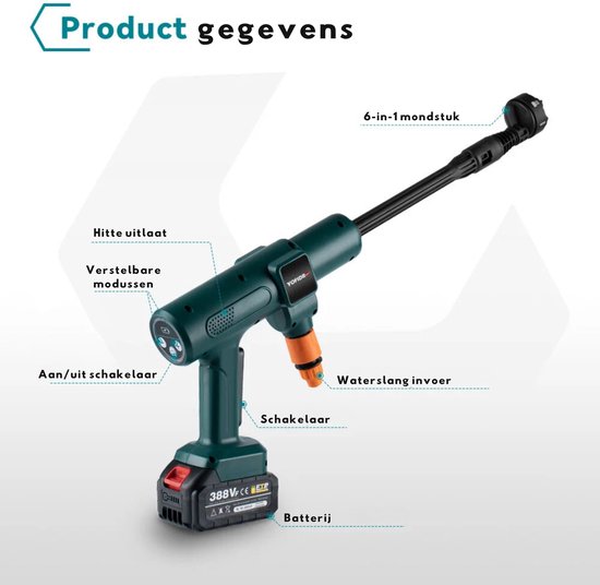 YOFIDA 6 in 1 hogedrukreiniger - Accu hogedrukreiniger - Draagbare Hogedrukreiniger - 3500 mAh - 100bar - 18V - met Accessoires - 2 Lithium Batterijen van YOFIDA — afbeelding 2