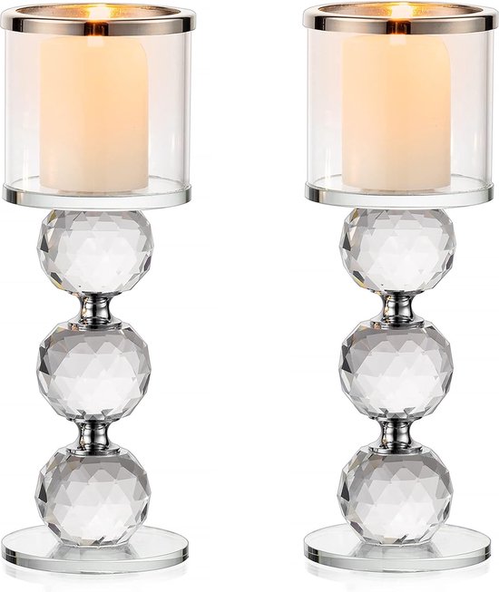 Crystal Pillar Candle Holder Set van 2, helderglazen kandelaarhouders Theelichtkandelaar Candlelight Dinner Table Centerpiece voor huwelijksgeschenken Schoorsteenhaard Decoratie, Silber