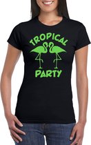 Bellatio Decorations Tropical party T-shirt dames - met glitters - zwart/groen - carnaval/themafeest XS