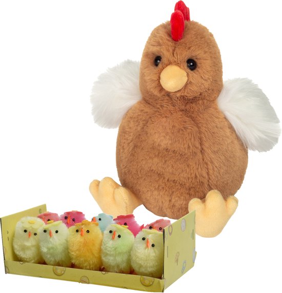 Pluche kip knuffel - 18 cm - multi kleuren - met 10x kuikens van 5 cm - kippen familie - Pasen decoratie/versiering