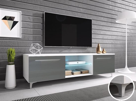 RTV 13W TV-meubel, op poten, breedte 150 cm, LED-verlichting, met planken, wit/grijs glanzend, Maxi Maja