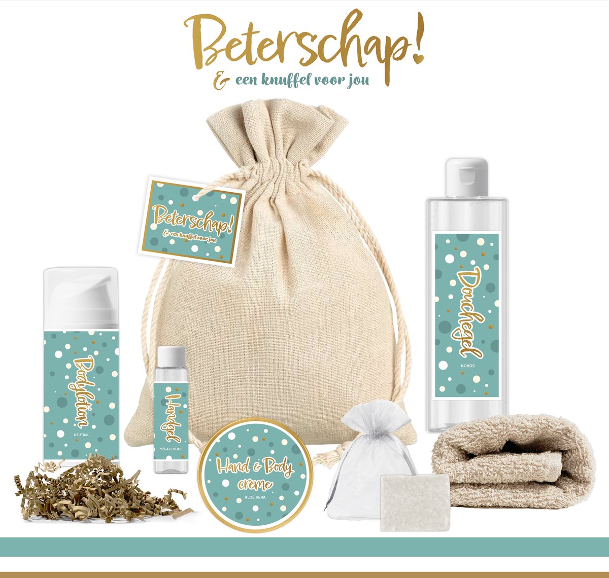 Goedkoopste Geschenkset “Beterschap! en een knuffel voor jou” - 7 producten - 650 gram | Giftset voor haar - Opkikkertje - Beterschapswens Vrouw Meisje Vriendin - Welness Cadeaupakketje - Verwenpakketje na operatie- Beterschapscadeau Zorgwerk - Goud Turquoise