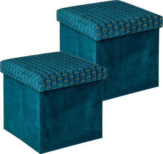 Atmosphera Poef/krukje/hocker Royal - 2x - Opvouwbare zit opslag box - fluweel Smaragd groen - D38 x H38 cm - MDF/polyester