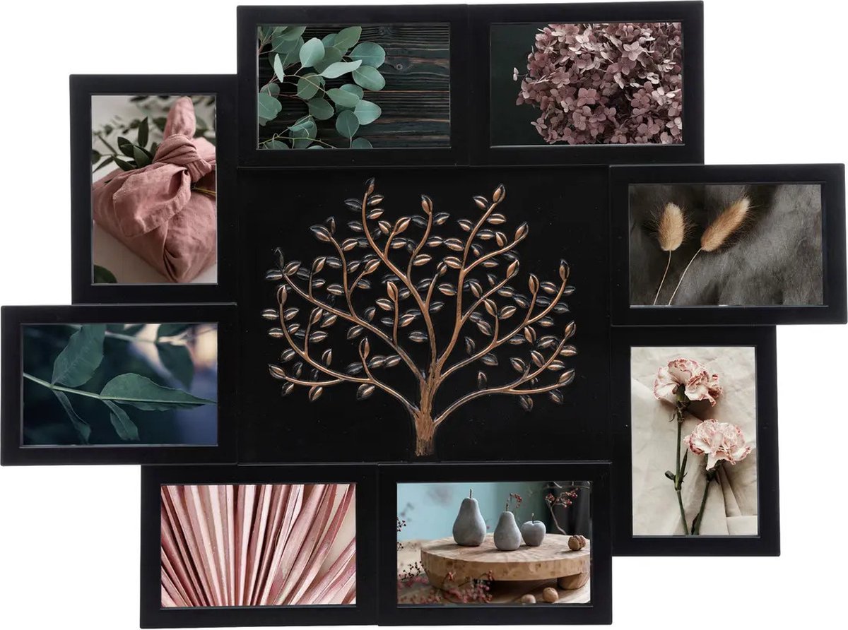 Atmosphera Collage fotolijst met levensboom - voor 8x foto van 10 x 15 cm - zwart - foto frame - 61 x 46 cm - kunststof
