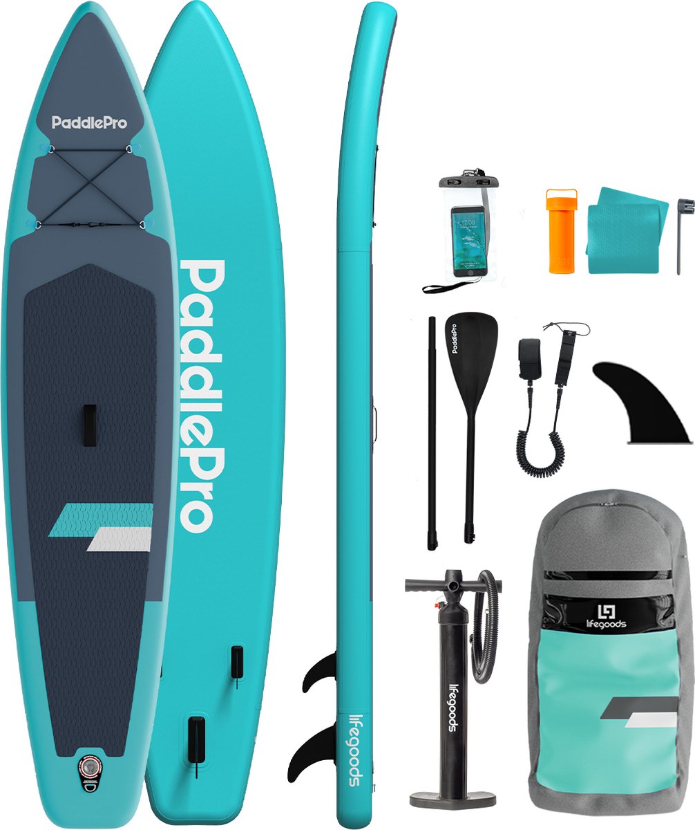LifeGoods SUP Board Touring - 165 KG Draagkracht - 365 x 76 cm - Opblaasbaar - Compleet Sup pakket - Turquoise