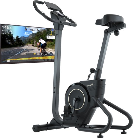 Foto: Skandika cykling p6 h hometrainer fiets hometrainer hometrainer fitness 6 kg vliegwielmassa magneetremsysteem kinomap voor virtuele training hoogteverstelling indoorfiets met transportwielen tablethouder zwart
