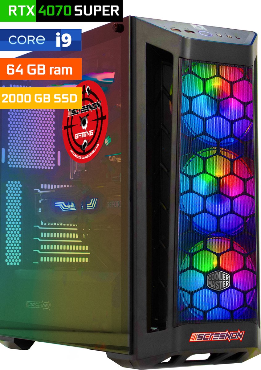 ScreenON - Game Computer / Gaming PC - Intel Core i9 - 2TB M.2 SSD - 64GB RAM - RTX 4070 Super - Windows 11