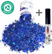 Chunky Festival Glitters (Blauw) (Volume 8g) + Glitter Huid Lijm [Festival Makeup Gezicht Lichaam - Face Body Glitter - Biologisch afbreekbaar - Versiering Dames Volwassen Kinderen]