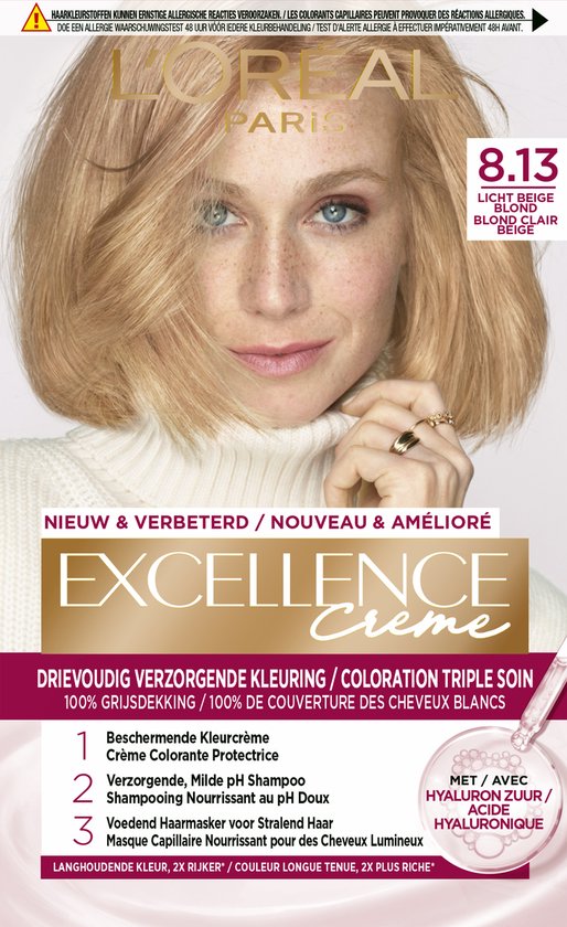 L'Oréal Paris Excellence Crème 8.13 - Licht beige blond - Permanente Kleuring - 100% grijsdekking - gelijkmatige kleur - Haarverf