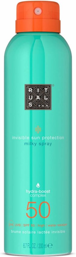 Turquoise spuitbus met oranje dop. "invisible sun protection milky spray SPF 50".