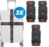 Sangle de valise avec serrure à combinaison et étiquette de valise - 3 pièces - Ajustable - Sangle de bagage - 200 centimètres - Sécurité Extra - Voyages - Vert/Rouge