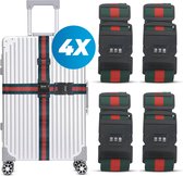 Sangle de valise avec serrure à combinaison et étiquette de valise - 4 pièces - Ajustable - Sangle de bagage - 200 centimètres - Sécurité Extra - Voyages - Vert/Rouge