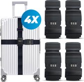 Sangle de valise avec serrure à combinaison et étiquette de valise - 4 pièces - Ajustable - Sangle de bagage - 200 centimètres - Sécurité Extra - Voyages - Zwart