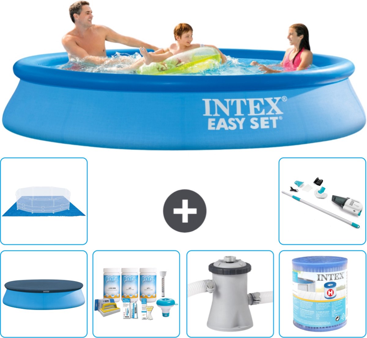 Intex Rond Opblaasbaar Easy Set Zwembad - 305 x 61 cm - Blauw - Inclusief Afdekzeil - Onderhoudspakket - Zwembadfilterpomp - Filter - Grondzeil - Stofzuiger - 7-delig