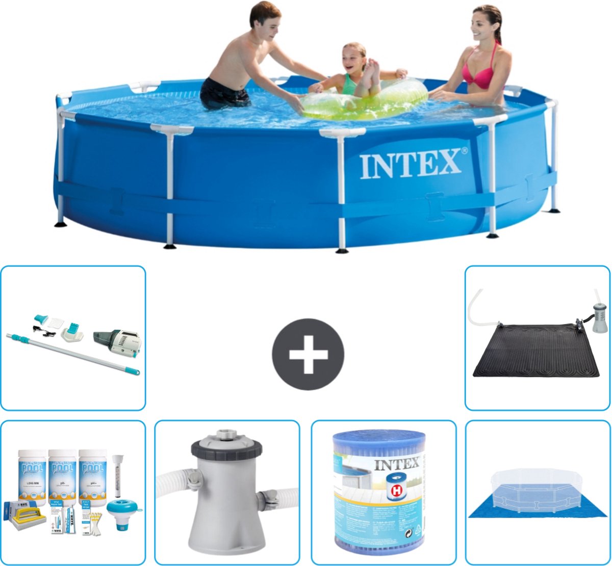 Intex Rond Frame Zwembad - 305 x 76 cm - Blauw - Inclusief Onderhoudspakket - Zwembadfilterpomp - Filter - Grondzeil - Stofzuiger - Solar Mat