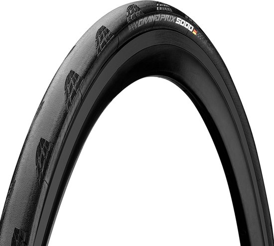 Zwarte fietsband, Continental Grand Prix 5000, met zichtbaar profiel en logo.
