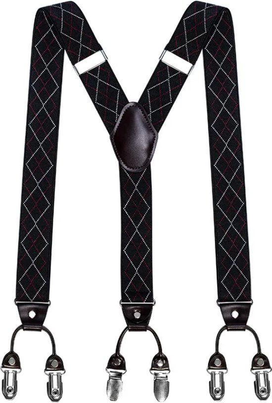 Bretelles Homme - 6 Clips Robustes - Motif Losanges Zwart/ Wit/Rouge - Cuir Marron Foncé - 3,5 cm