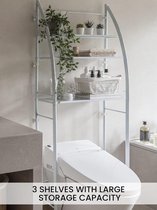 Badkamerrek boven wit toilet, bespaar ruimte met 3 planken, waterdicht opbergrek, in hoogte verstelbare poten (wit-metallic)
