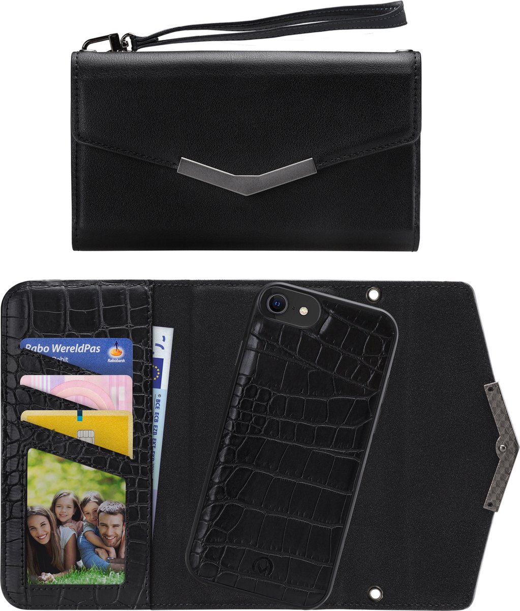Mobilize Telefoonhoesje geschikt voor Apple iPhone SE (2022) Hoesje | Mobilize Elegant Magnet Uitneembare 2in1 Clutch | Pasjeshouder voor 3 Pasjes | Telefoonhoesje voor Pinpas / OV Kaart / Rijbewijs - Black Croco | Zwart — cadeau in Cadeau-ideeën - foto 2