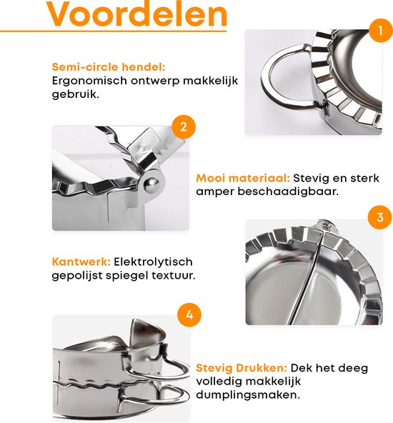 Close-up van de metalen dumplingvormer met ergonomische handgrepen, stevig materiaal, gepolijste randen en een stevige druk. Het deeg wordt volledig gevuld.