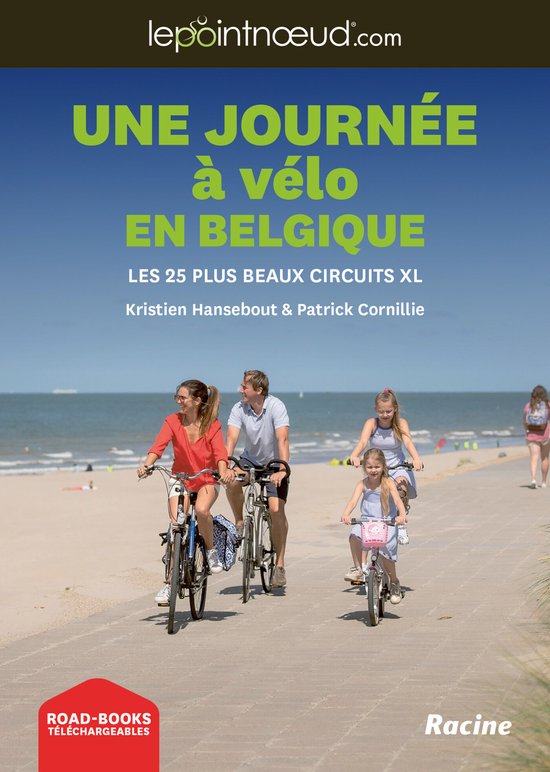 Een gezin geniet van een fietstocht langs het strand, met de titel 'Une journée à vélo en Belgique'.