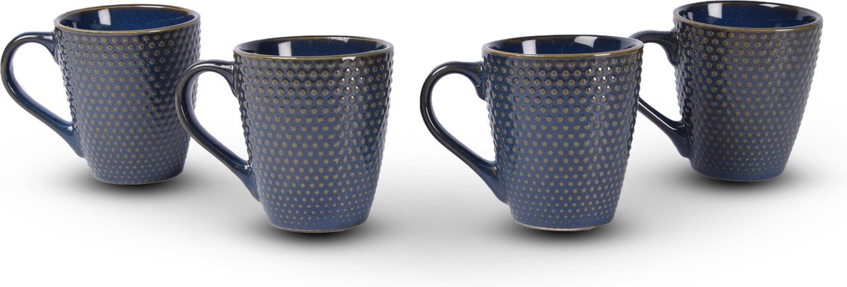 Set van 4 Aardewerken Koffiekopjes/Theebeker - 200ml Capaciteit elk - Blauw - Keramisch - Ø7.5cm Bovenkant - 9cm Hoogte Beker