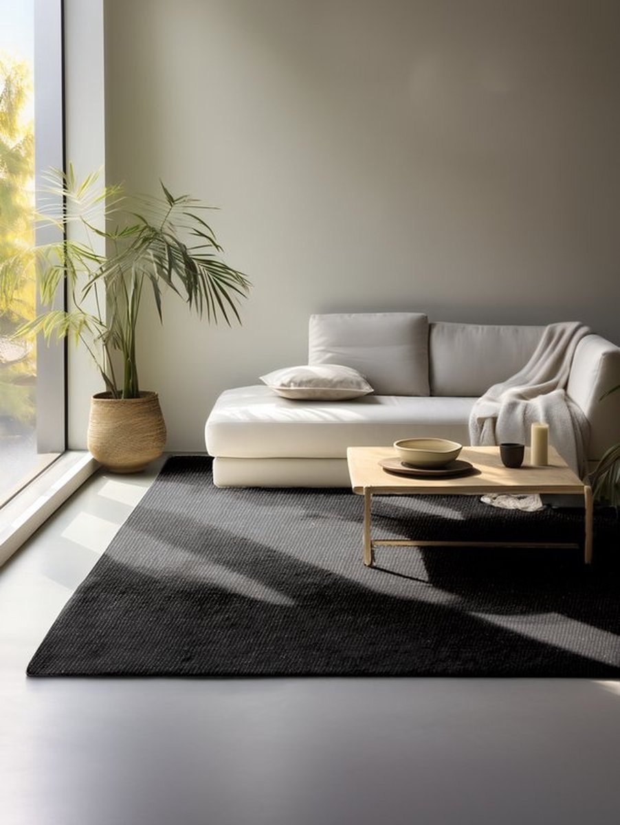flycarpets Bouclé Jute Handgeweven vloerkleed - Jaipur - Zwart - 60x90 cm