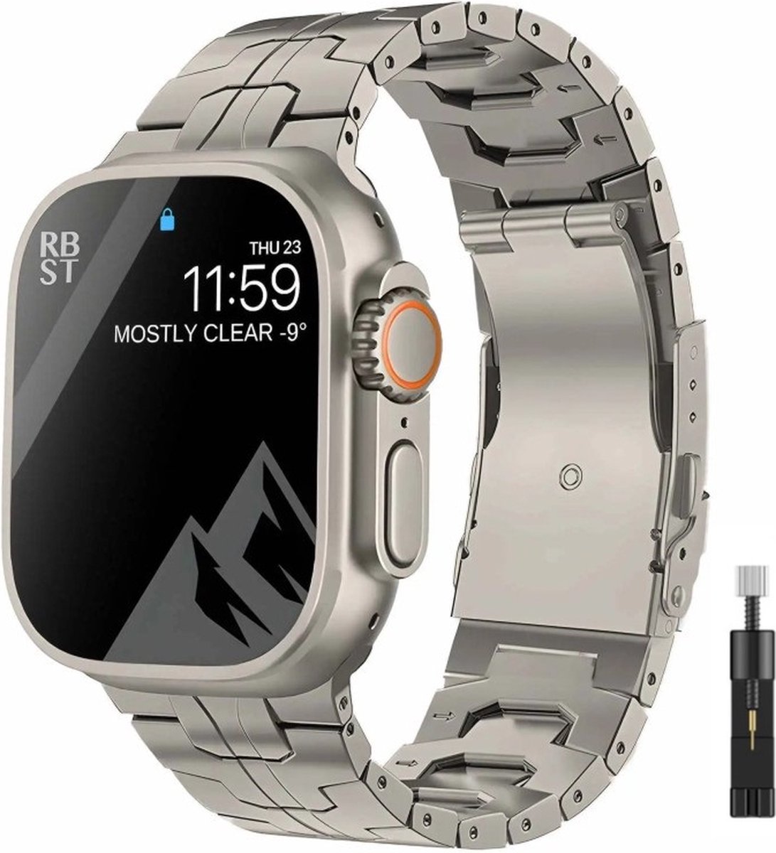 DrPhone TitaniumLux - Metalen Titanium Band - 49/44/42/45mm + Aanpaskit - Geschikt Voor IOS Smartwatch Ultra / Watch - Titanium