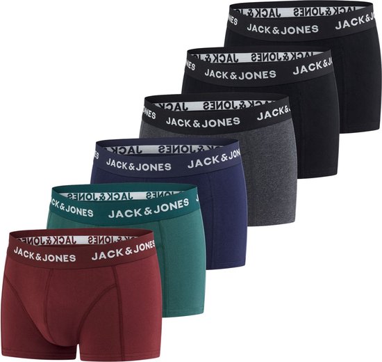 Set van zes Jack & Jones boxershorts in de kleuren zwart, donkergrijs, navy blauw, groen, bordeauxrood en grijs.