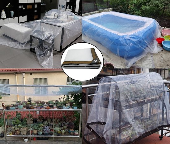 EPFHR Waterdicht transparant zeil met ogen, afdekzeil, bouwfolie, regenbescherming, windscherm, multifunctioneel, waterdicht zeil, tarp voor balkon, plantenkas, tuin, inclusief zeilspanners (3 x 5 m