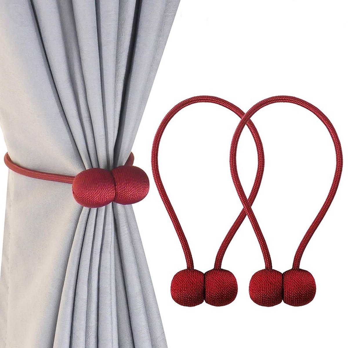 Opline Magnetisch Gordijn Embrasse - Gordijn Houder - Rood - Magnetisch - Gordijn Accessoires - 2 Stuks | Gordijnklemmen | Gordijnbinders