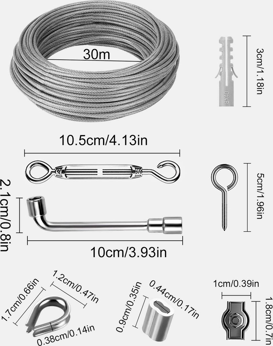Câble Acier Inox 3 Mm 30 M + Kit Complet Tendeurs, Sertissage, Crochets – Idéal Corde à Linge & Bricolage