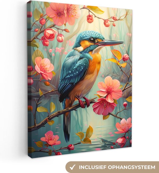 Canvas schilderij 30x40 cm - Wanddecoratie IJsvogel - Bloesem - Natuur - Vogels - Bloemen - Muurdecoratie woonkamer - Slaapkamer decoratie - Kamer accessoires - Schilderijen