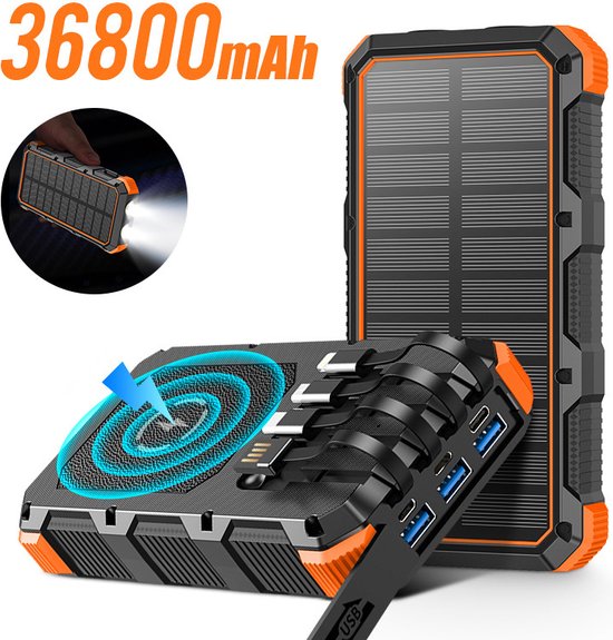 Draadloze oplader，Solar Phone Power Bank Dustproof 3 USB ABS 5V 3A 36800mAh Fast Charging Solar Power Bank with LED Light for Camping