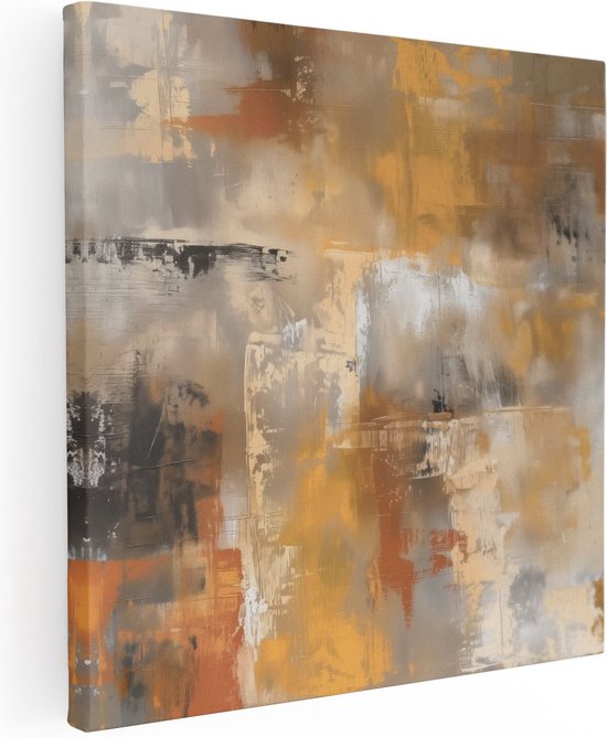 Abstract schilderij met oranje, beige en grijze texturen en penseelstreken op canvas.