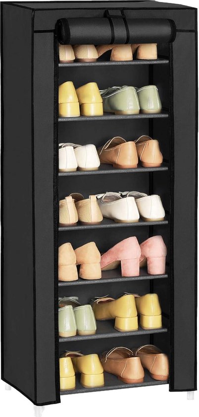Schoenenrek met 7 niveaus en stoffen bekleding - Opbergkast kledingkast groot - Eenvoudige montage - Zwart - 46 x 28 x 126 cm Kledingkast