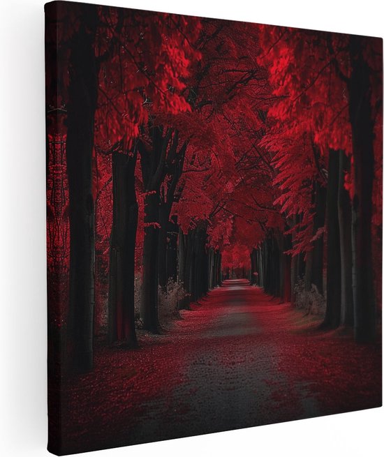 Artaza Canvas Schilderij De Weg is Omzoomd met Rode Bladeren - 70x70 - Wanddecoratie - Foto Op Canvas - Canvas Print