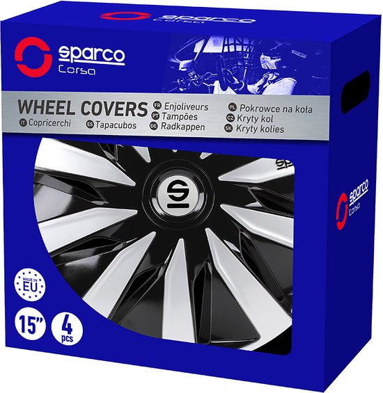 Doos van Sparco Corsa wieldoppen in zwart/zilver, met een afbeelding van de wieldoppen.