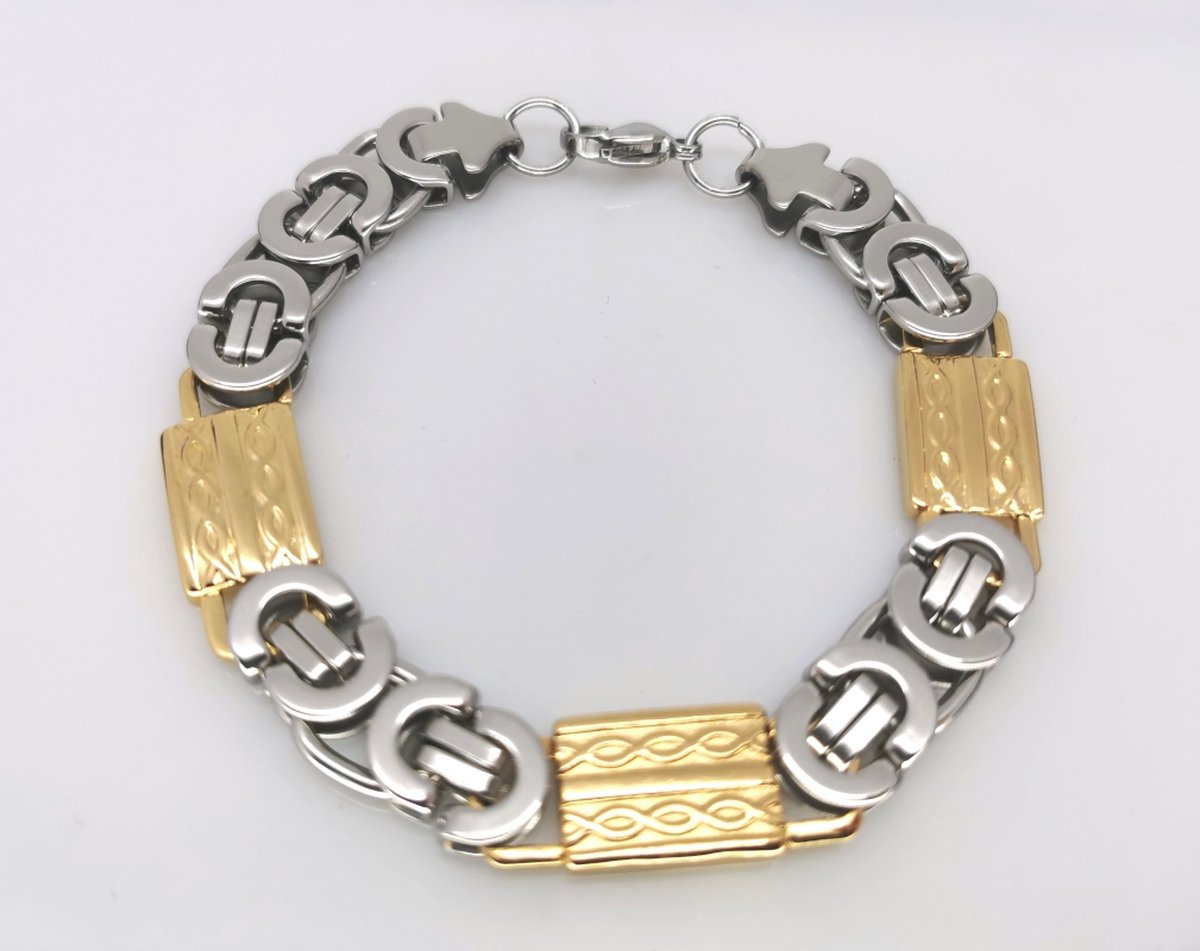 Armband - RVS - koningsschakel - L 24 cm - B12mm - Bicolor - zilver en goudkleurig blok met motief