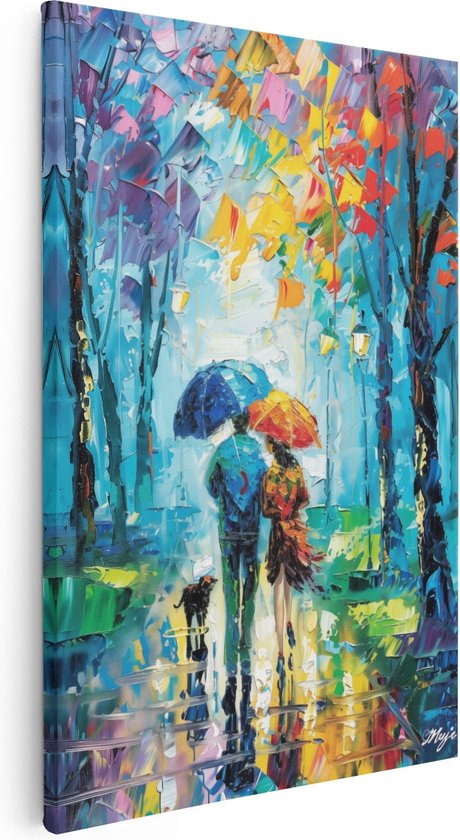 Artaza Canvas Schilderij Stel Met Paraplu - 60x90 cm - Wanddecoratie Regen - Muurdecoratie Liefde - Schilderijen Op Canvas Kleurrijk