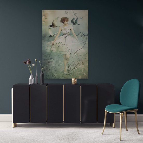 Tableau Artaza : Femme en robe Witte entourée Vogels – 80 x 120 cm – Groot – Photo sur toile – Impression sur toile